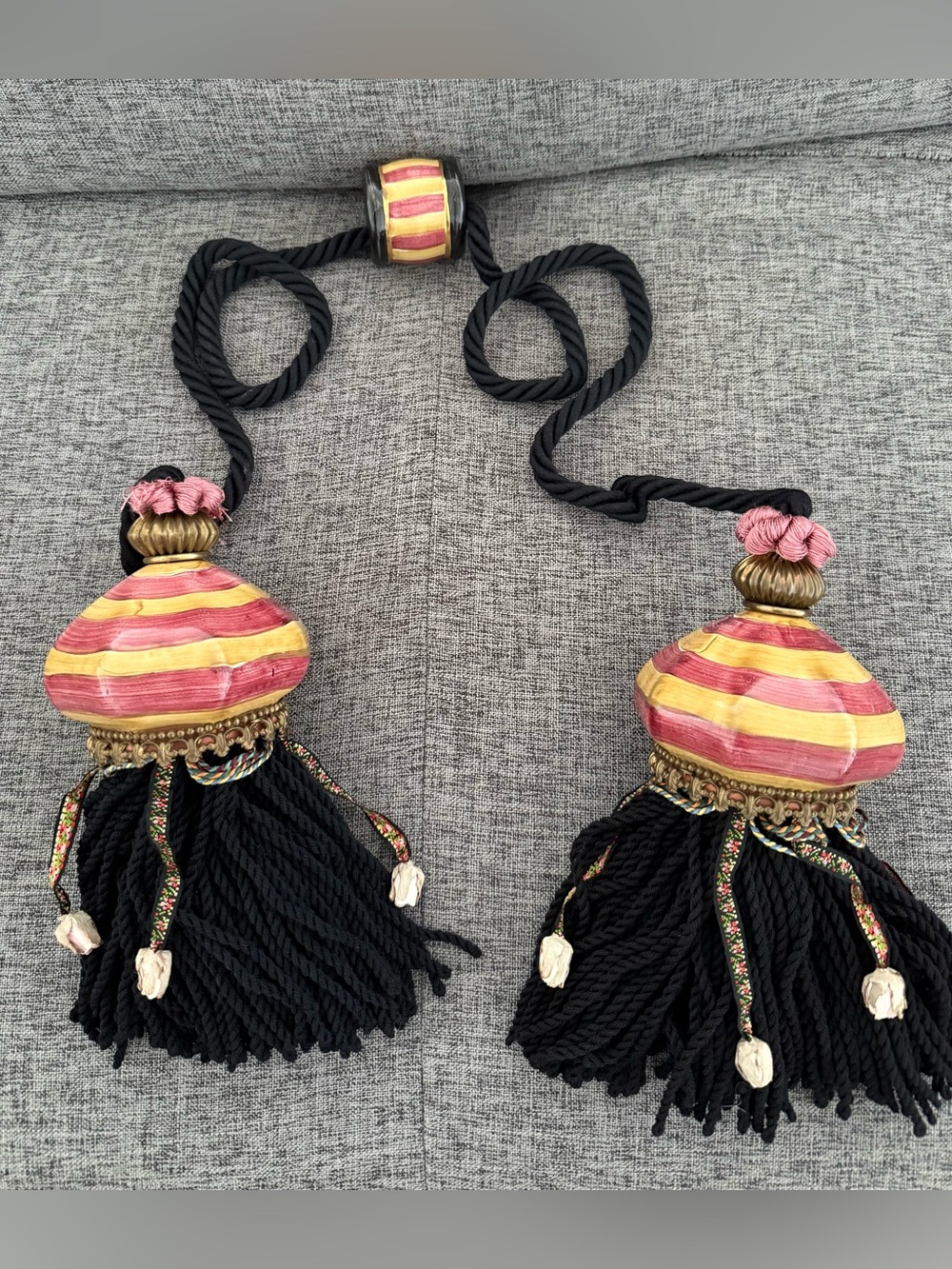 Mackenzie Childs Frank and Mustard Tassel Tiebacks with Black Fringe